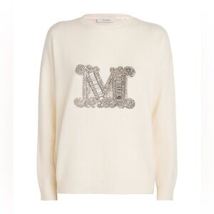 Max Mara Crystal Logo Wool Blend Sweater Cream Size S Authentic Luxury Knit